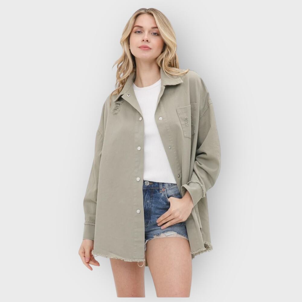Blue B Collection Large Sage Green Oversized Button Shacket Distressed Boho - Picture 5 of 8